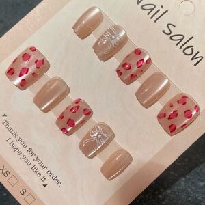 [M] 💅 10Pcs Wearable Reusable Press on Nail Full Cover Pink Leopard White Ribbon